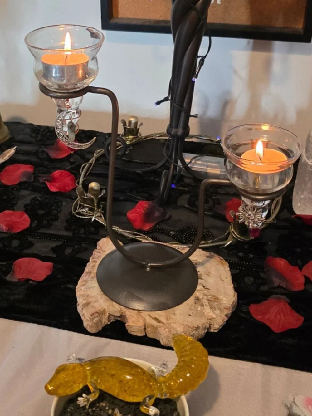 Gothic Celestial Candle Holder | Labradorite Moon, Sun Charms, Wrapped Copper
